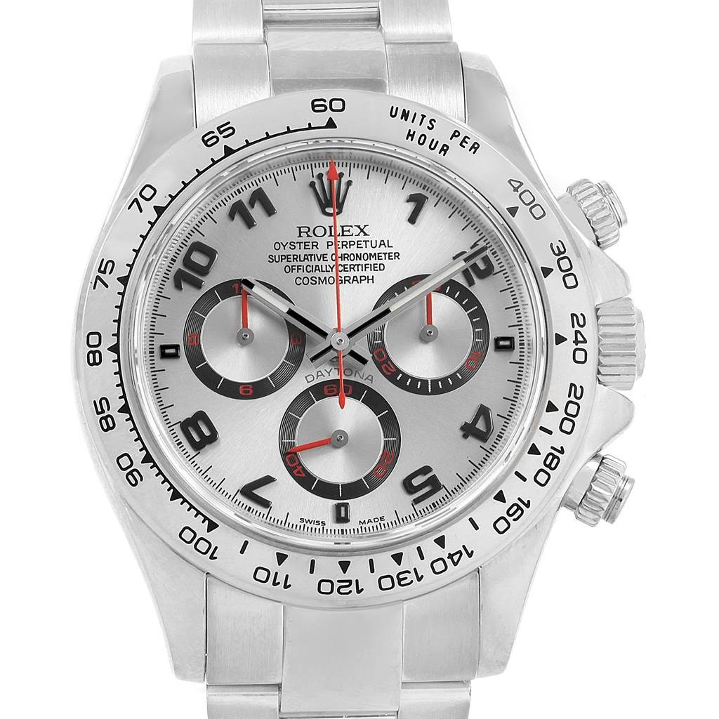 This image shows a Rolex Daytona 116509 Men's White Gold Silver Dial 116509 Men's White Gold Silver Dial watch from a top-down angle, displaying its face, three sub-dials, bezel, and crown.