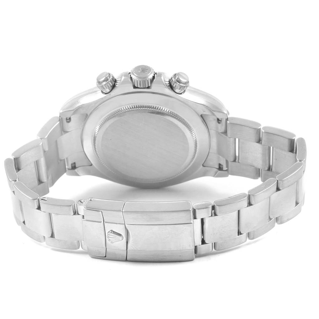 The image shows the back and bracelet clasp of a Rolex Daytona 116509 Men's White Gold Silver Dial 116509 Men's White Gold Silver Dial watch, highlighting the case back and crown.