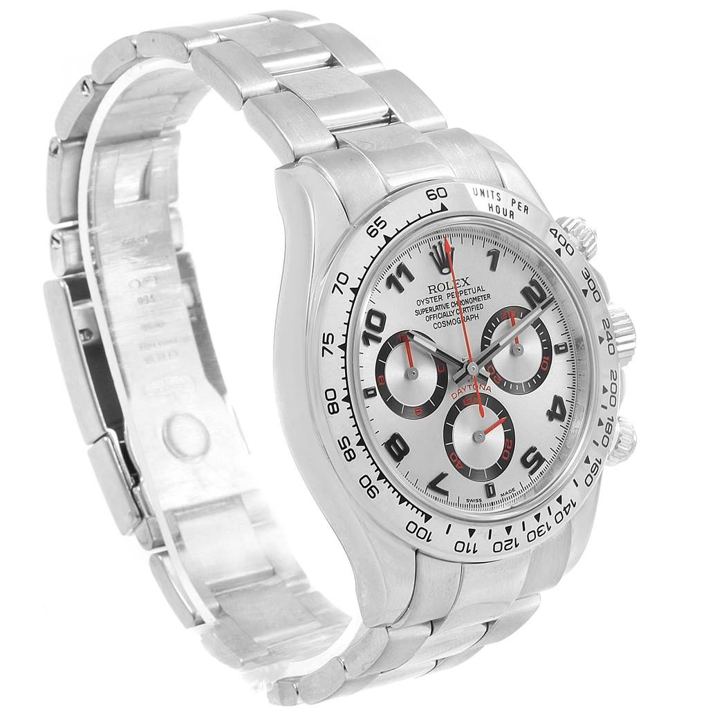 The image displays a Rolex Daytona 116509 Men's White Gold Silver Dial 116509 Men's White Gold Silver Dial watch angled to show the dial, bezel, and partially extended bracelet.
