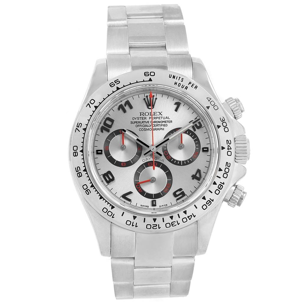 This Rolex Daytona 116509 Men's White Gold Silver Dial 116509 Men's White Gold Silver Dial watch is shown from a front angle, displaying its face, bezel, and part of the bracelet.