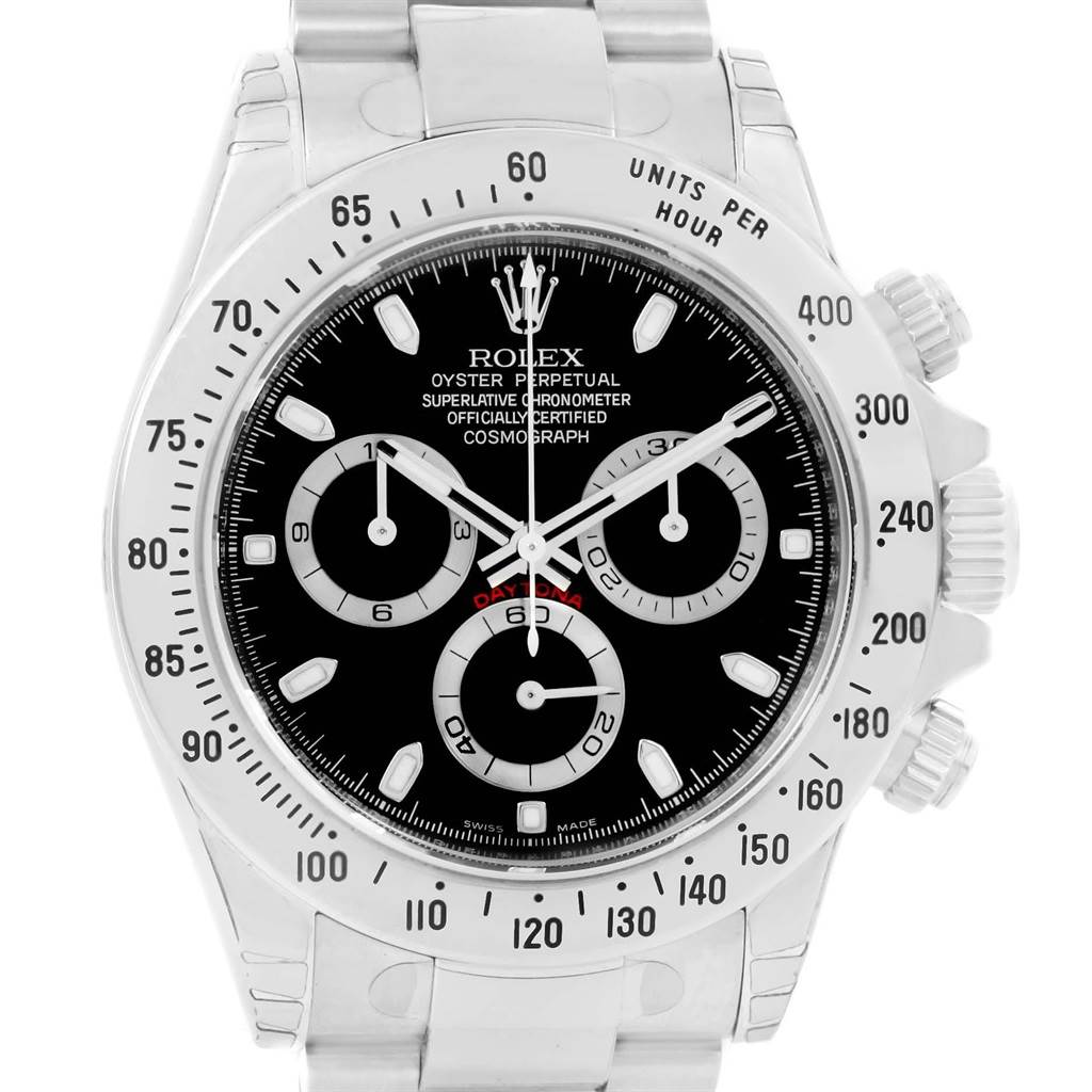 The image shows a front view of the Rolex Daytona 116520 Men's Stainless Steel Black Dial 116520 Men's Stainless Steel Black Dial watch, highlighting the dial, bezel, and chronograph pushers.