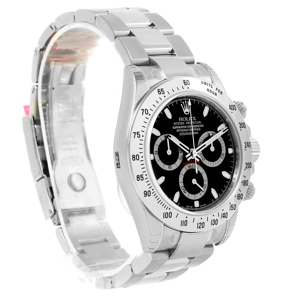The Rolex Daytona 116520 Men's Stainless Steel Black Dial 116520 Men's Stainless Steel Black Dial watch is shown from a three-quarter angle featuring the face, bezel, and part of the bracelet.