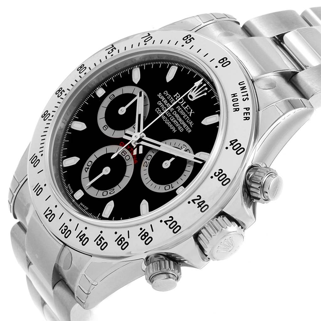 The image shows a Rolex Daytona 116520 Men's Stainless Steel Black Dial 116520 Men's Stainless Steel Black Dial watch from an angled close-up of the right side, highlighting the crown, pushers, and part of the bracelet.