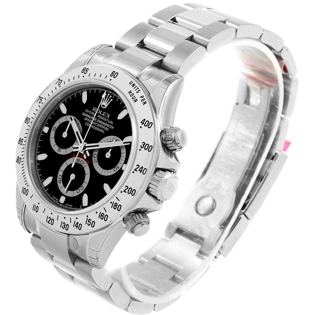 The image shows a Rolex Daytona 116520 Men's Stainless Steel Black Dial 116520 Men's Stainless Steel Black Dial watch angled from the top and side, highlighting the bezel, dial, crown, pushers, and bracelet.