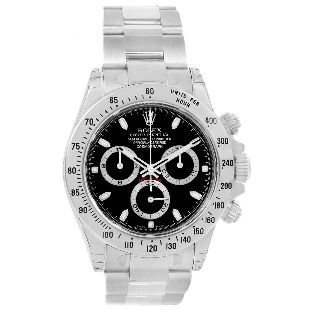 The image shows a Rolex Daytona 116520 Men's Stainless Steel Black Dial 116520 Men's Stainless Steel Black Dial watch taken from a front view, displaying its face, bezel, case, and bracelet.