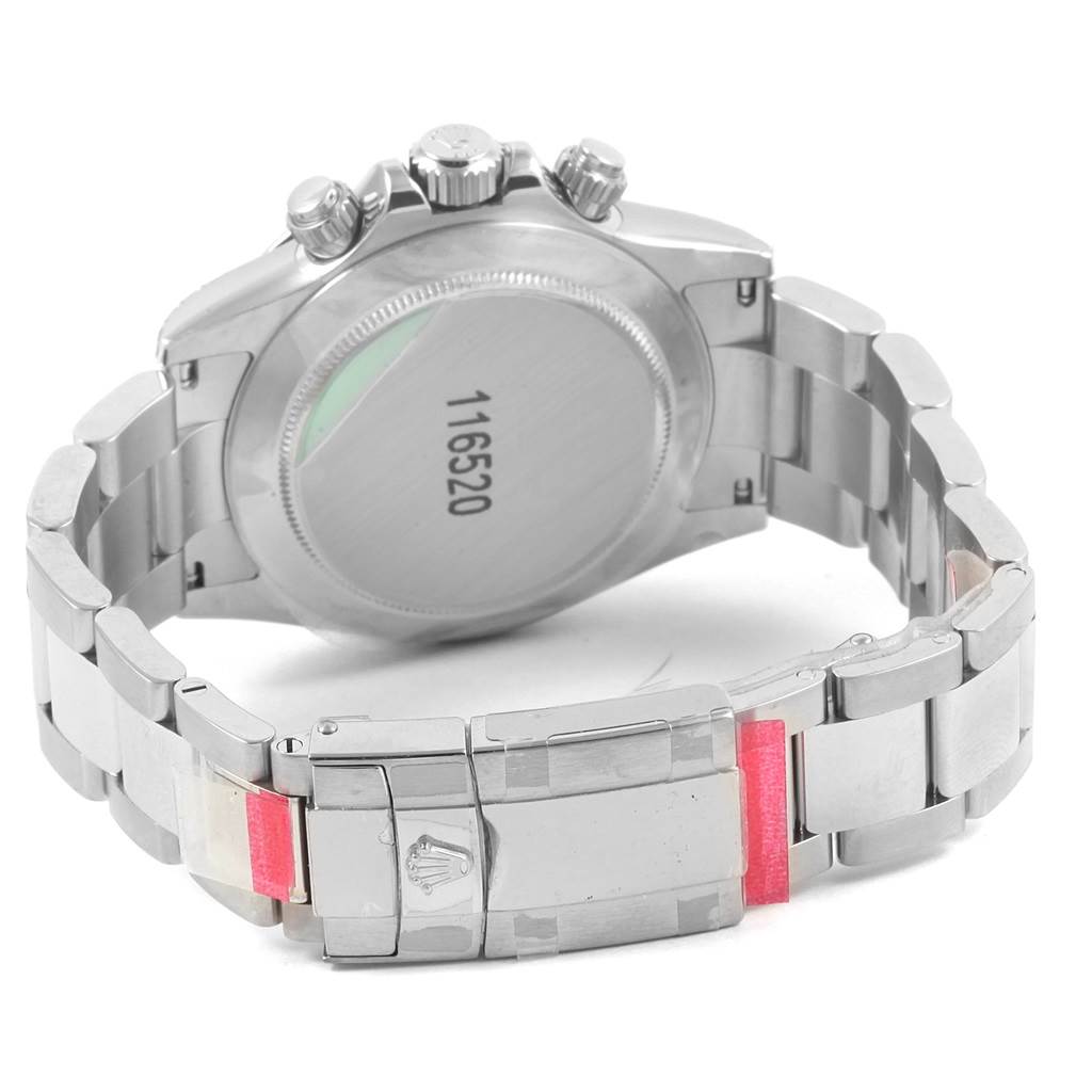 This image shows the back view of the Rolex Daytona 116520 Men's Stainless Steel Black Dial 116520 Men's Stainless Steel Black Dial watch, highlighting its clasp, bracelet, and case back.