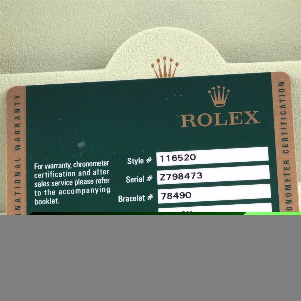 The image shows a certification card for a Rolex Daytona 116520 Men's Stainless Steel Black Dial 116520 Men's Stainless Steel Black Dial model, featuring style, serial, and bracelet numbers.