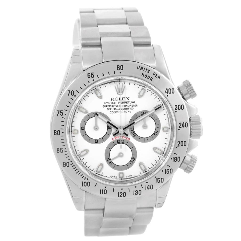 The image shows a front view of a Rolex Daytona 116520 Men's Stainless Steel White Dial 116520 Men's Stainless Steel White Dial watch, highlighting its bezel, dials, and bracelet.