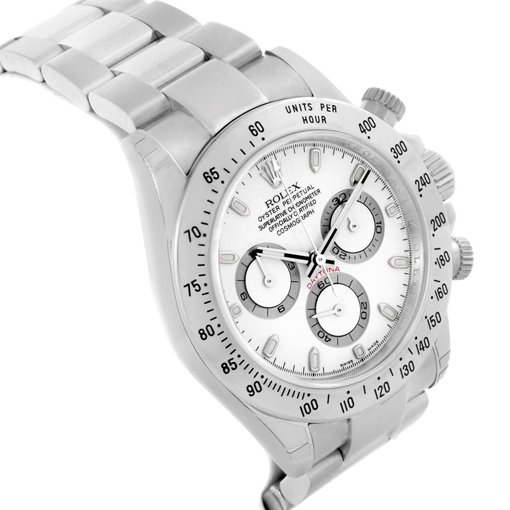 This image shows a Rolex Daytona 116520 Men's Stainless Steel White Dial 116520 Men's Stainless Steel White Dial watch from an angled side view, highlighting the dial, bezel, and bracelet.