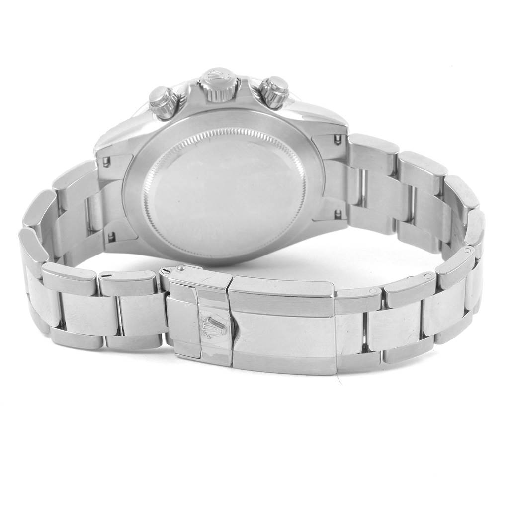 This is a rear view of a Rolex Daytona 116520 Men's Stainless Steel White Dial 116520 Men's Stainless Steel White Dial watch, showing the stainless steel case back, bracelet, and clasp.