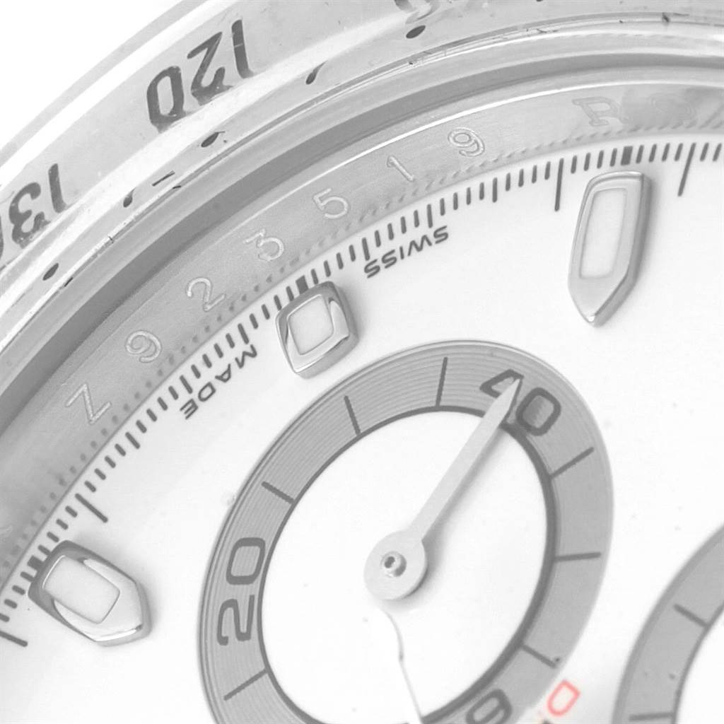 The image shows a close-up of the dial, bezel, and chronograph subdial of the Rolex Daytona 116520 Men's Stainless Steel White Dial 116520 Men's Stainless Steel White Dial watch.