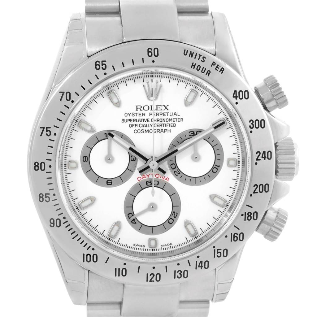 The image shows a frontal view of a Rolex Daytona 116520 Men's Stainless Steel White Dial 116520 Men's Stainless Steel White Dial watch, highlighting its dial, bezel, and chronograph subdials.