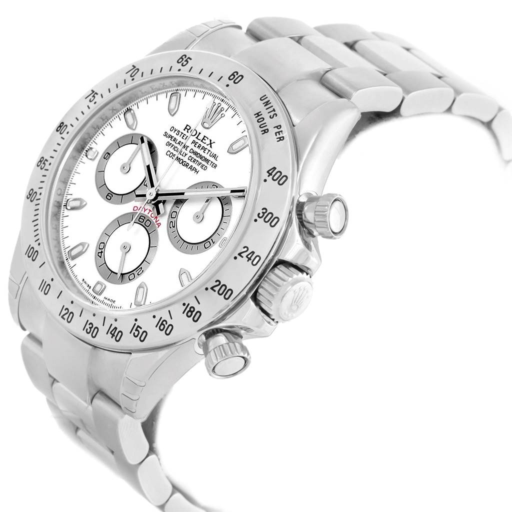 This image shows a side and angled view of the Rolex Daytona 116520 Men's Stainless Steel White Dial 116520 Men's Stainless Steel White Dial watch, highlighting its dial, bezel, crown, and bracelet.