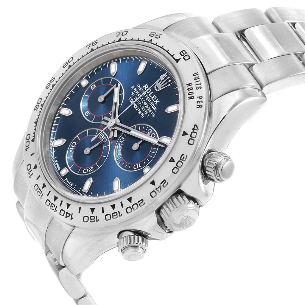 The image shows the face, bezel, and side buttons of the Rolex Daytona 116509 Men's White Gold Blue Dial 116509 Men's White Gold Blue Dial watch, viewed from an angled perspective.