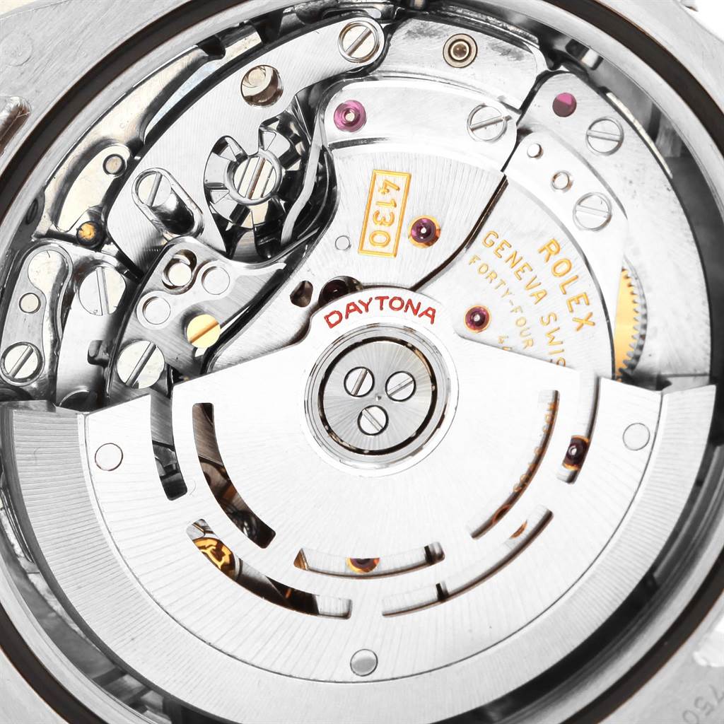 The image shows a close-up view of the automatic movement mechanism of the Rolex Daytona 116509 Men's White Gold Blue Dial 116509 Men's White Gold Blue Dial watch, highlighting its intricate parts.
