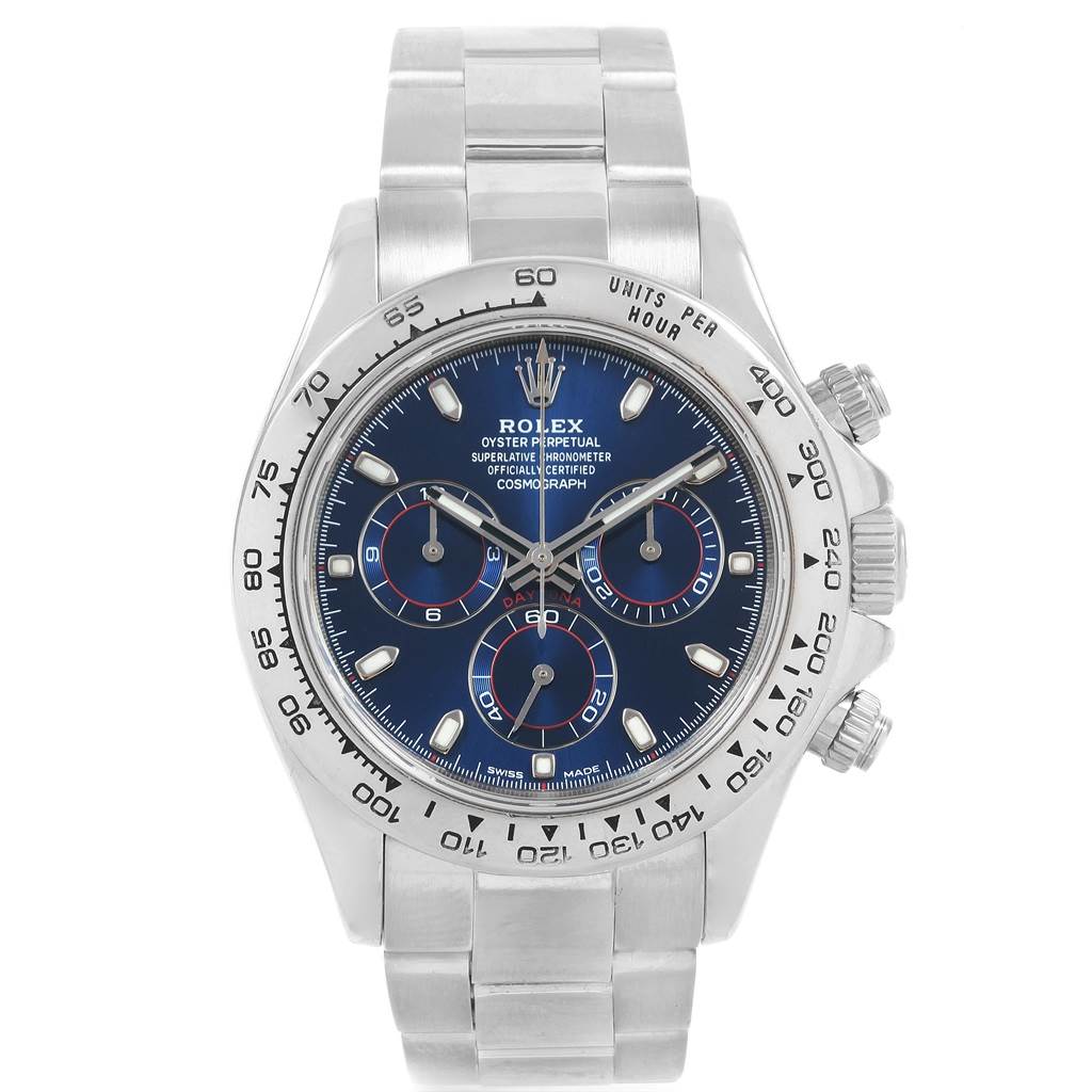 The image shows a frontal view of a Rolex Daytona 116509 Men's White Gold Blue Dial 116509 Men's White Gold Blue Dial watch, displaying its face, bezel, and metal bracelet.