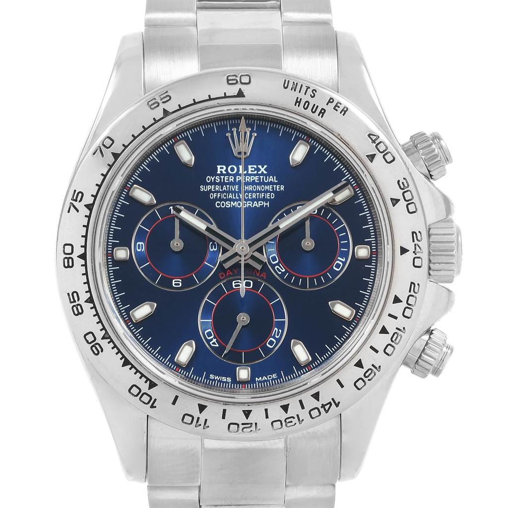 This Rolex Daytona 116509 Men's White Gold Blue Dial 116509 Men's White Gold Blue Dial watch is shown from a front angle, highlighting the dial, bezel, crown, and pushers.