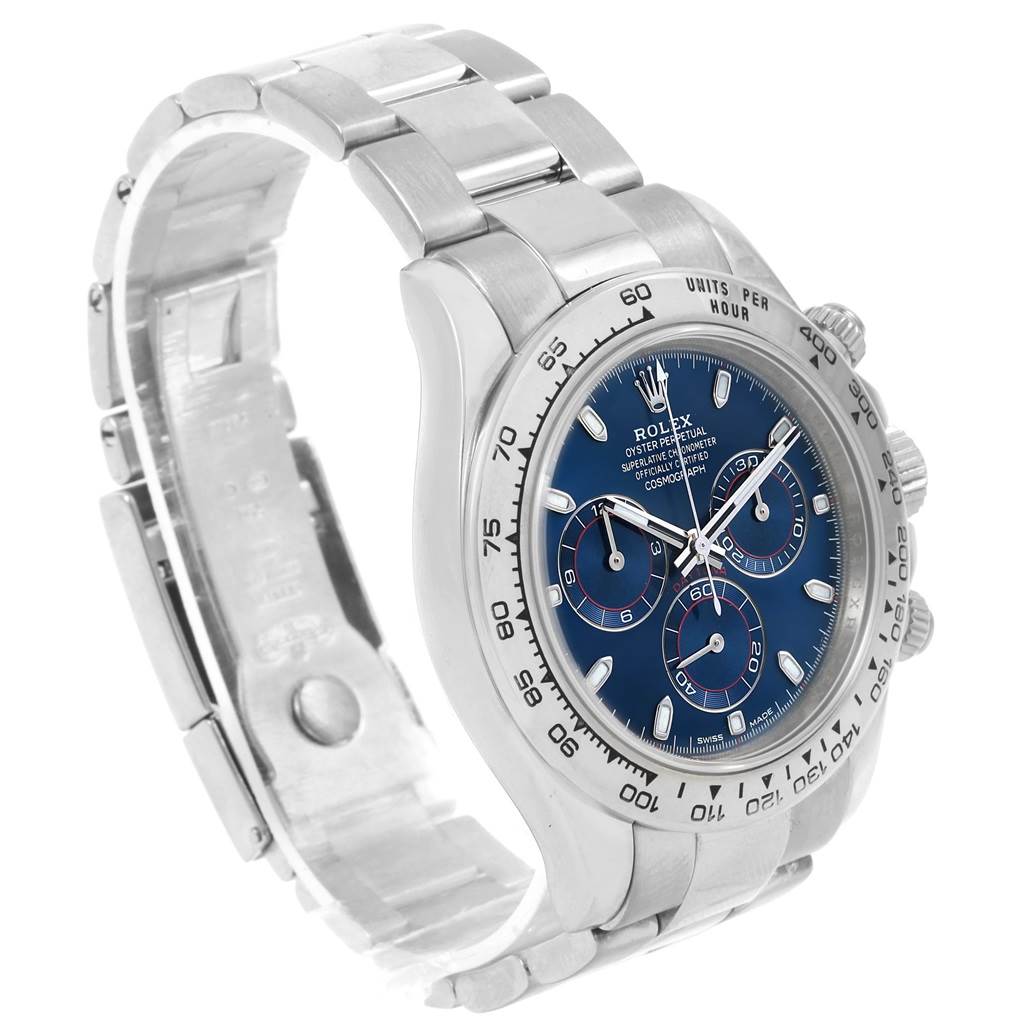 This image shows a side angle view of the Rolex Daytona 116509 Men's White Gold Blue Dial 116509 Men's White Gold Blue Dial watch's face, bezel, crown, pushers, and part of the bracelet.