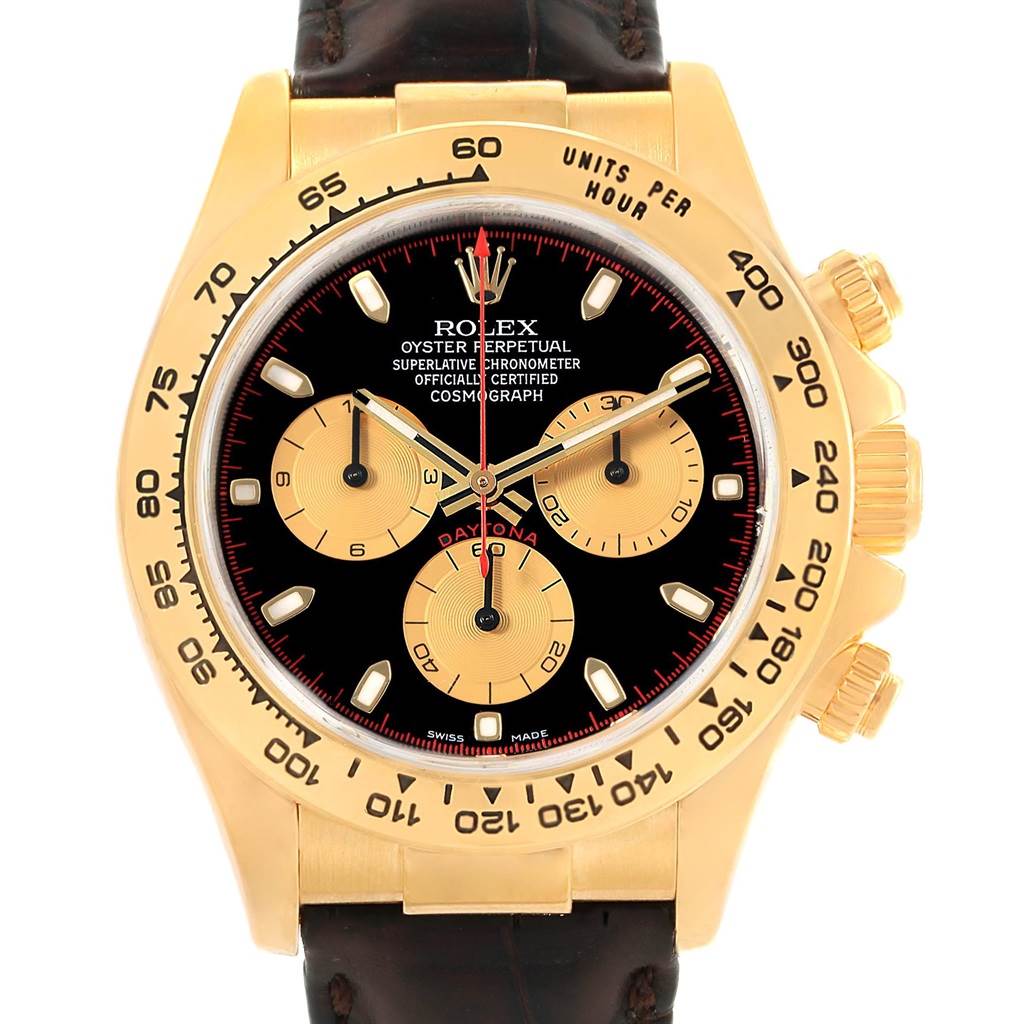 The image shows a front view of the Rolex Daytona 116518 Men's Yellow Gold Black Dial 116518 Men's Yellow Gold Black Dial watch, displaying its face, bezel, and chronograph dials.