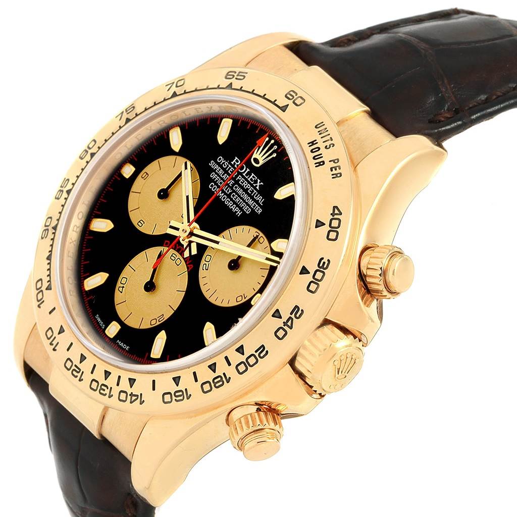 This image shows a side angle of the Rolex Daytona 116518 Men's Yellow Gold Black Dial 116518 Men's Yellow Gold Black Dial watch, highlighting the bezel, crown, and chronograph pushers.