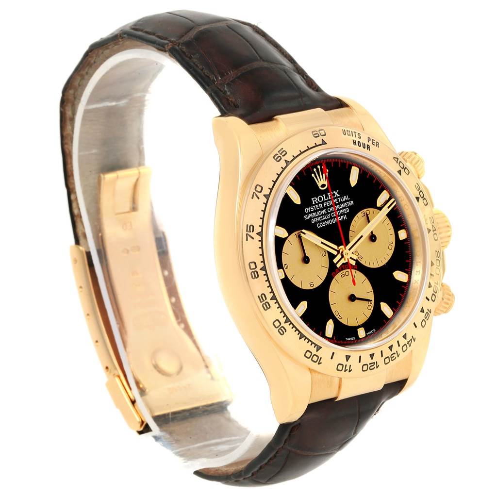 The image shows a side and partial front angle of a Rolex Daytona 116518 Men's Yellow Gold Black Dial 116518 Men's Yellow Gold Black Dial watch, highlighting the case, dial, bezel, and strap.