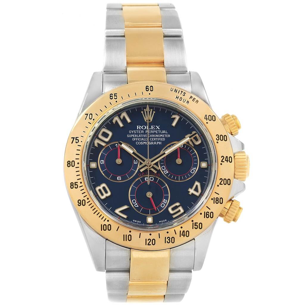 The image shows a frontal view of a Rolex Daytona 116523 Men's Steel and Gold (two tone) Blue Dial 116523 Men's Steel and Gold (two tone) Blue Dial, featuring its dial, bezel, and bracelet.