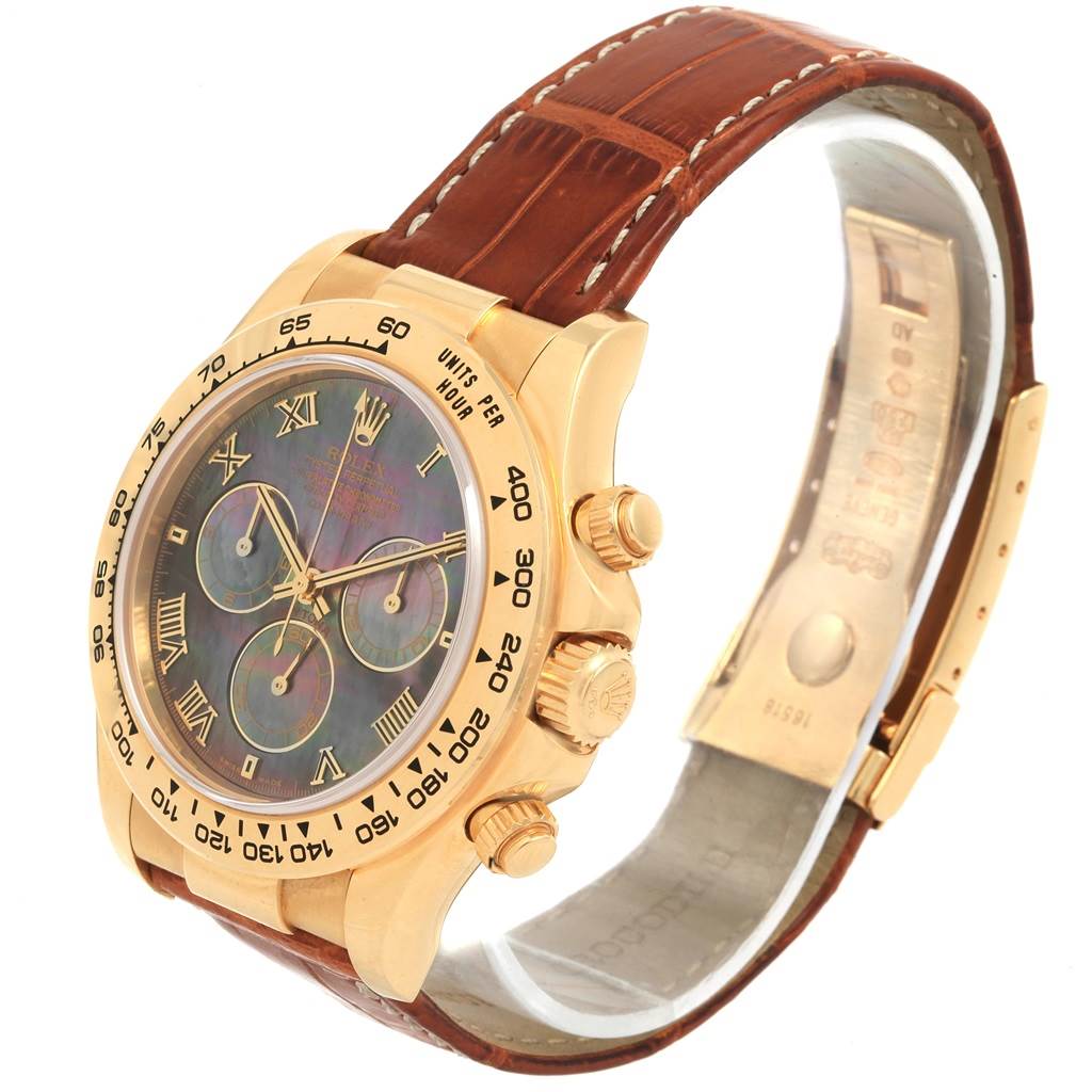 This image shows a Rolex Daytona 116518 Men's Yellow Gold Mother of Pearl Dial 116518 Men's Yellow Gold Mother of Pearl Dial watch from a three-quarter angle, displaying its dial, crown, pushers, and leather strap.