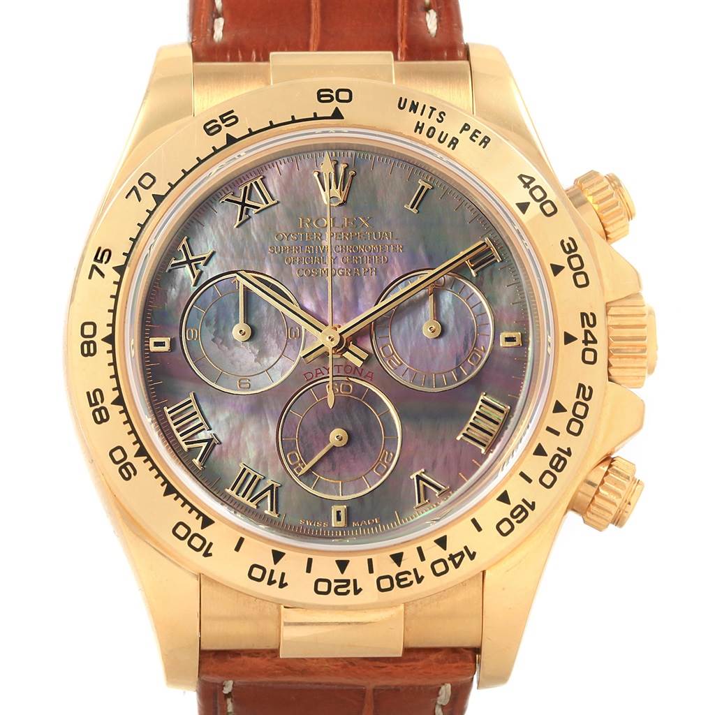 The image shows a front view of the Rolex Daytona 116518 Men's Yellow Gold Mother of Pearl Dial 116518 Men's Yellow Gold Mother of Pearl Dial watch, highlighting its dial, bezel, and pushers.