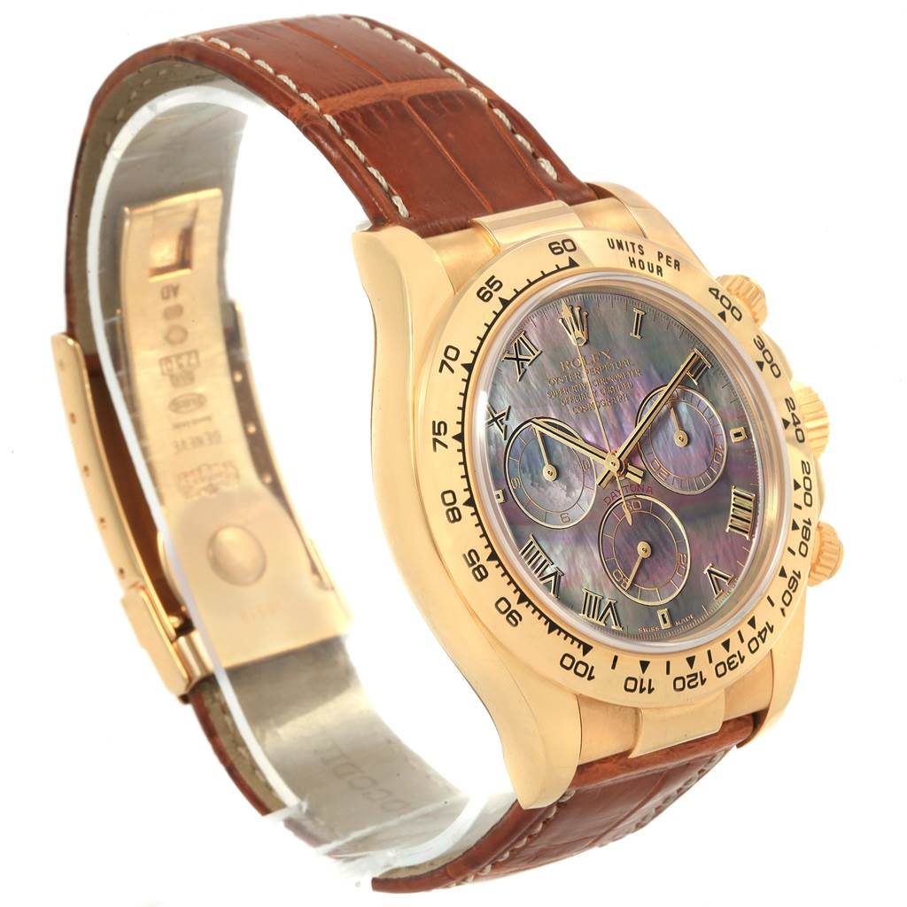 The image shows a side view of a Rolex Daytona 116518 Men's Yellow Gold Mother of Pearl Dial 116518 Men's Yellow Gold Mother of Pearl Dial watch, highlighting the face, bezel, pushers, and leather strap.
