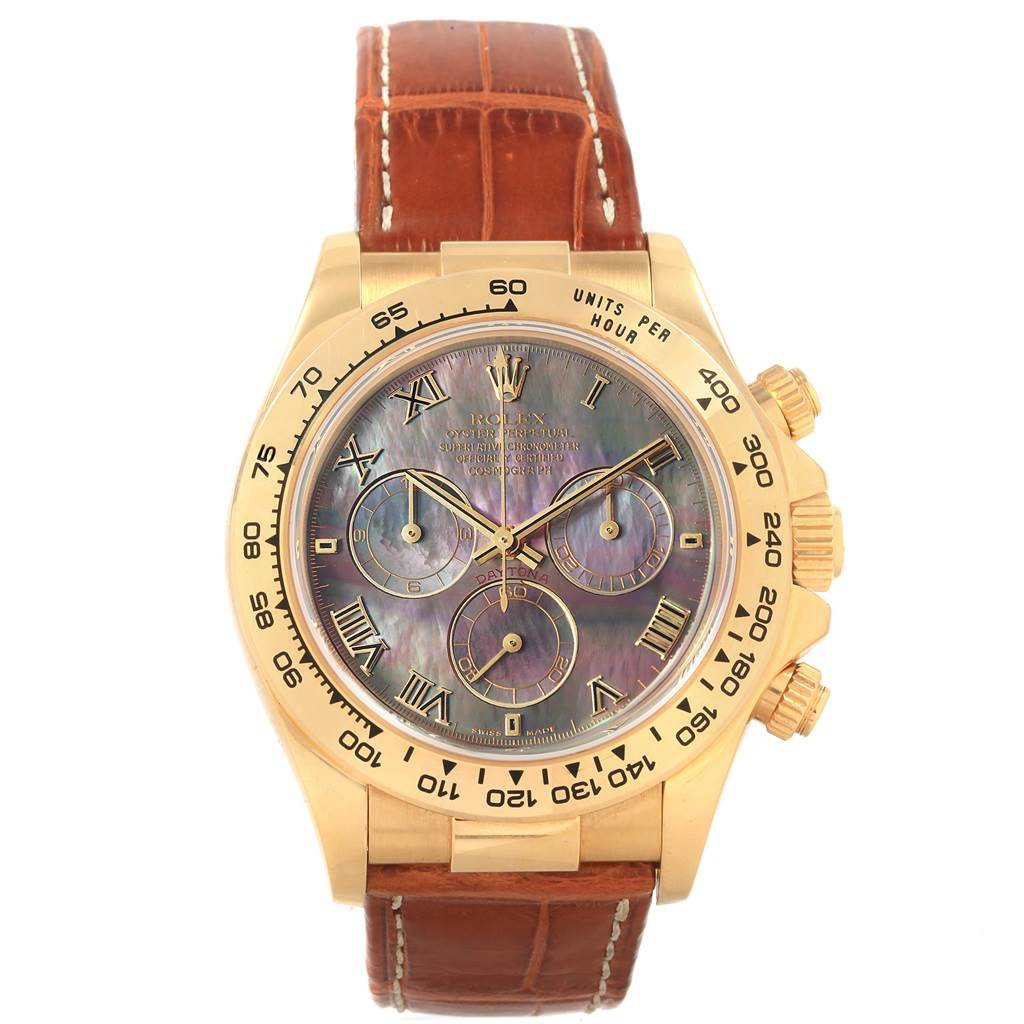 The image shows a Rolex Daytona 116518 Men's Yellow Gold Mother of Pearl Dial 116518 Men's Yellow Gold Mother of Pearl Dial watch from the front, featuring its dial, bezel, and leather strap.