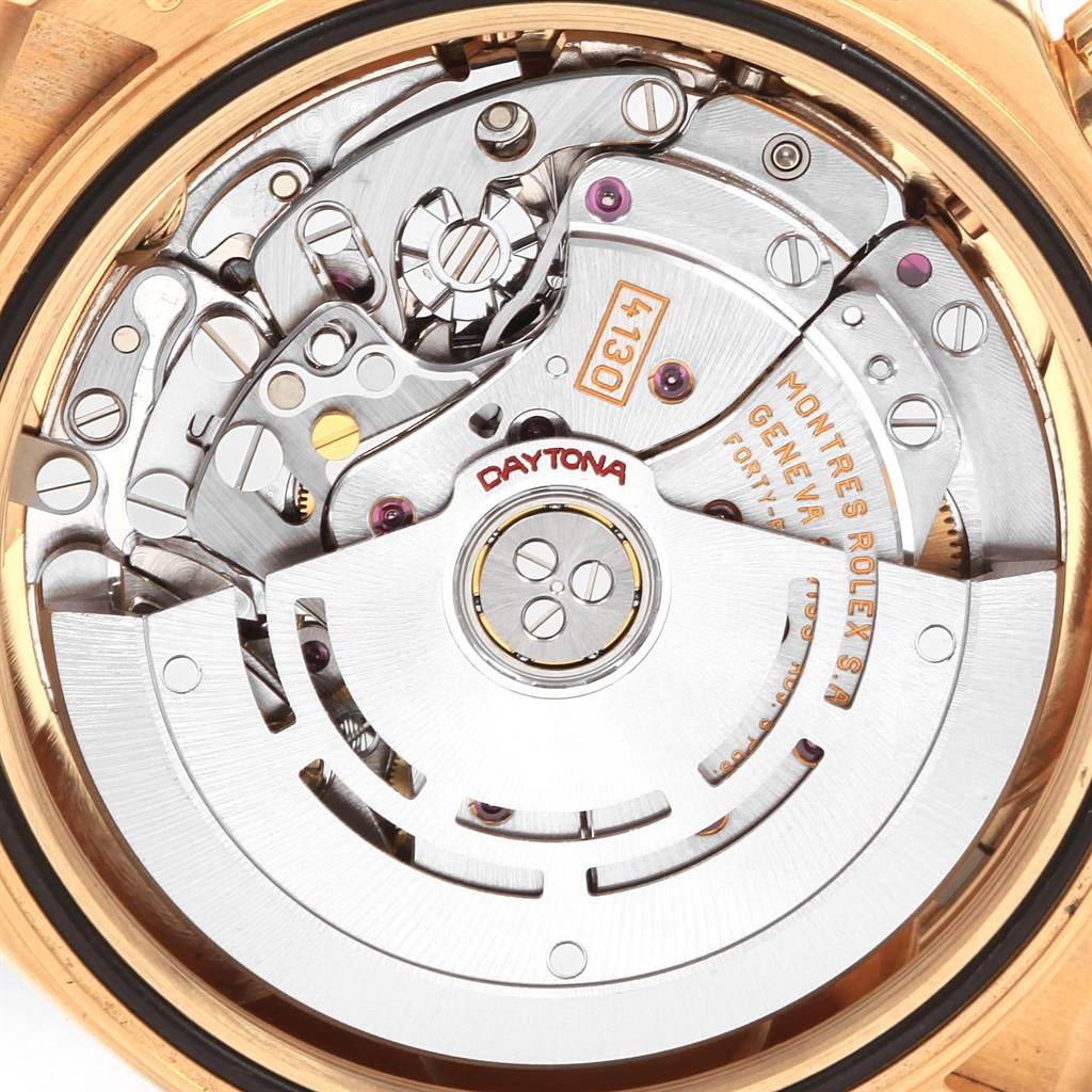 The image shows the inner mechanical movement of a Rolex Daytona 116518 Men's Yellow Gold Mother of Pearl Dial 116518 Men's Yellow Gold Mother of Pearl Dial watch viewed from the back.