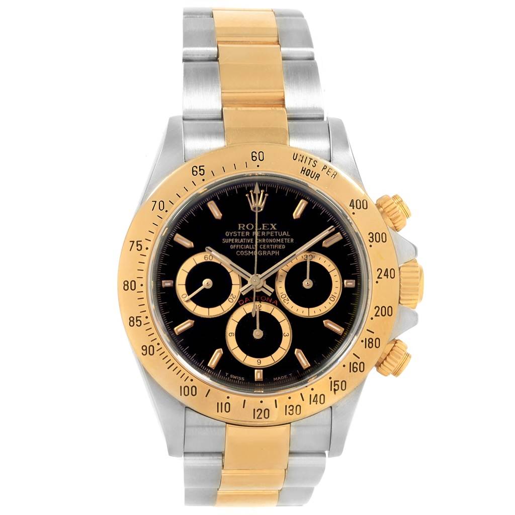 The image shows a frontal view of a Rolex Daytona 16523 Men's Steel and Gold (two tone) Black Dial 16523 Men's Steel and Gold (two tone) Black Dial watch, highlighting the dial, bezel, and bracelet.