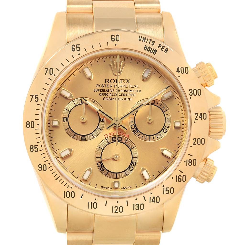 This image shows a frontal view of the Rolex Daytona 116528 Men's Yellow Gold Champagne Dial 116528 Men's Yellow Gold Champagne Dial watch, highlighting its dial, sub-dials, and bezel.
