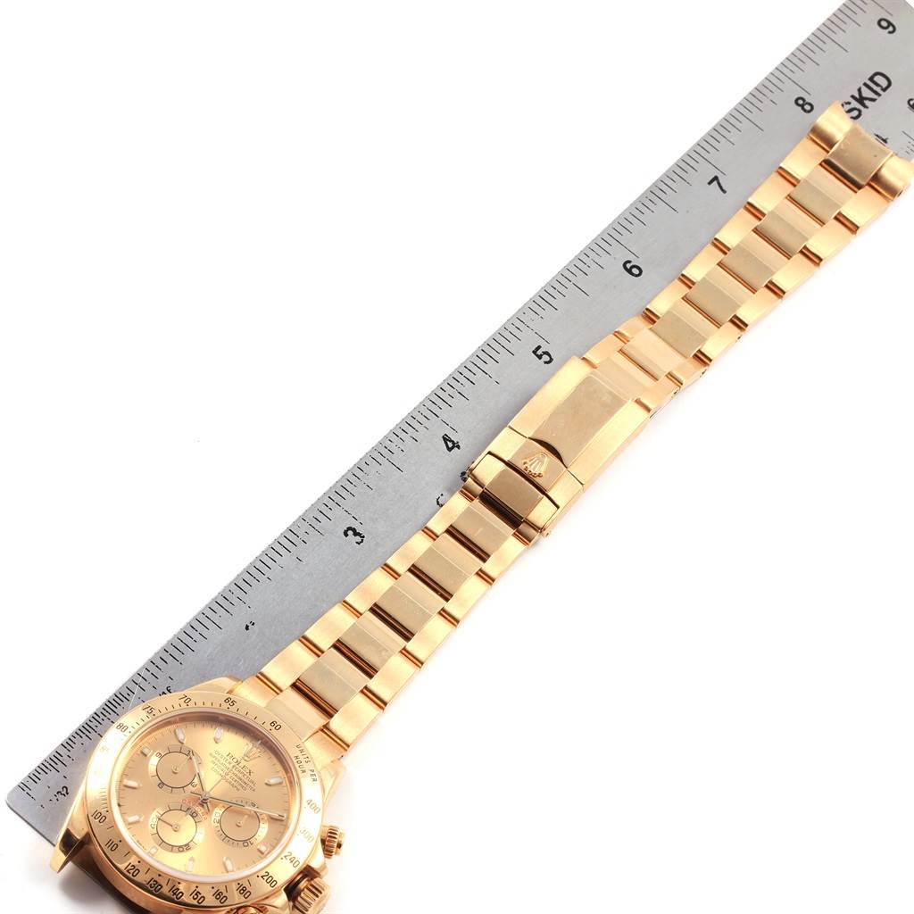 The image shows a top-down view of a Rolex Daytona 116528 Men's Yellow Gold Champagne Dial 116528 Men's Yellow Gold Champagne Dial watch, including its dial, case, and bracelet against a ruler.