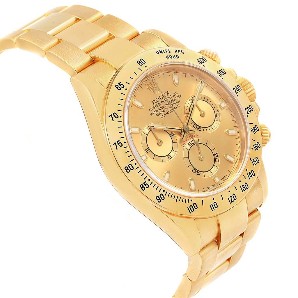 The image shows a three-quarter angled view of a gold Rolex Daytona 116528 Men's Yellow Gold Champagne Dial 116528 Men's Yellow Gold Champagne Dial watch, highlighting the bezel, dial, and bracelet.