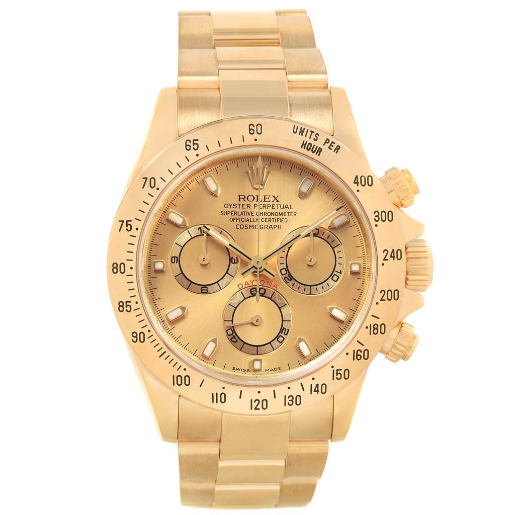 This image shows a front view of a Rolex Daytona 116528 Men's Yellow Gold Champagne Dial 116528 Men's Yellow Gold Champagne Dial watch, highlighting the dial, bezel, subdials, and bracelet.