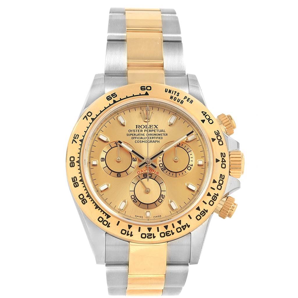 The image shows a Rolex Daytona 116503 Men's Steel and Gold (two tone) Champagne Dial 116503 Men's Steel and Gold (two tone) Champagne Dial watch with a gold dial and stainless steel and gold bracelet, viewed from the front.