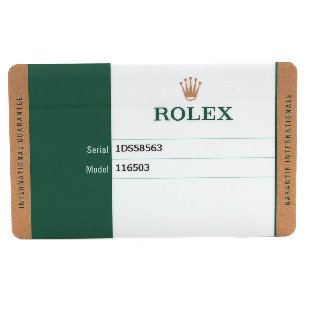 This image shows the international guarantee card for a Rolex Daytona 116503 Men's Steel and Gold (two tone) Champagne Dial 116503 Men's Steel and Gold (two tone) Champagne Dial model.