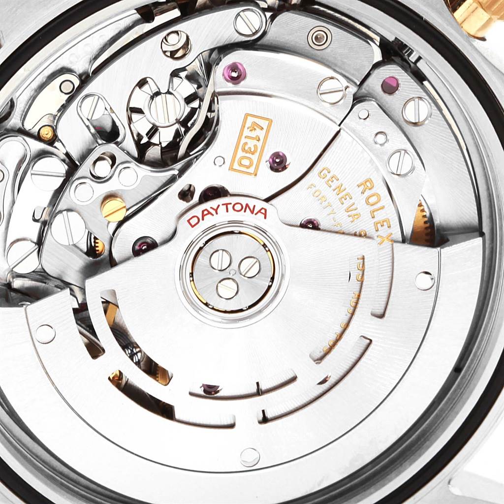 The image shows the movement and intricate inner mechanical parts of a Rolex Daytona 116503 Men's Steel and Gold (two tone) Champagne Dial 116503 Men's Steel and Gold (two tone) Champagne Dial watch from a top-down angle.