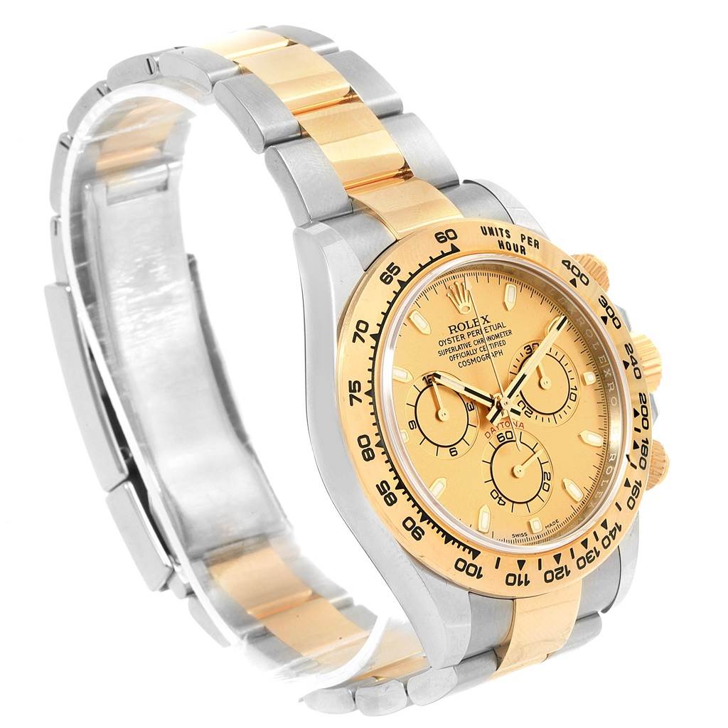 The image shows a side-angle view of a Rolex Daytona 116503 Men's Steel and Gold (two tone) Champagne Dial 116503 Men's Steel and Gold (two tone) Champagne Dial watch, featuring its dial, bezel, and bracelet.