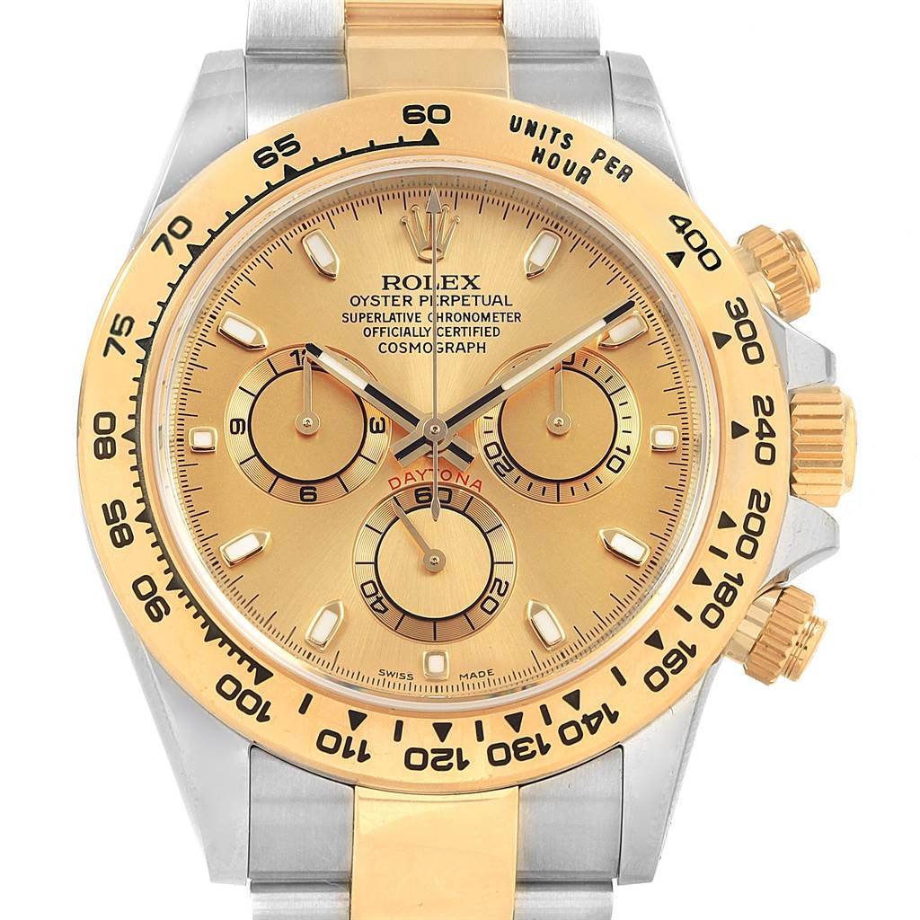This image shows a front view of the Rolex Daytona 116503 Men's Steel and Gold (two tone) Champagne Dial 116503 Men's Steel and Gold (two tone) Champagne Dial watch, showcasing its gold and silver bezel, dial, and chronograph subdials.