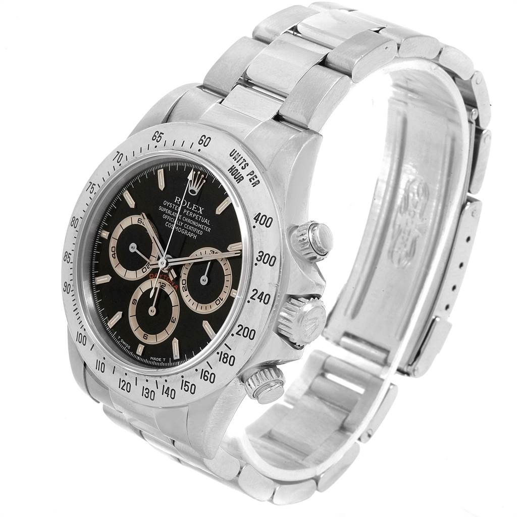 The Rolex Daytona 16520 Men's Stainless Steel Black Dial 16520 Men's Stainless Steel Black Dial watch is shown at an oblique angle highlighting its face, bezel, crown, and bracelet.