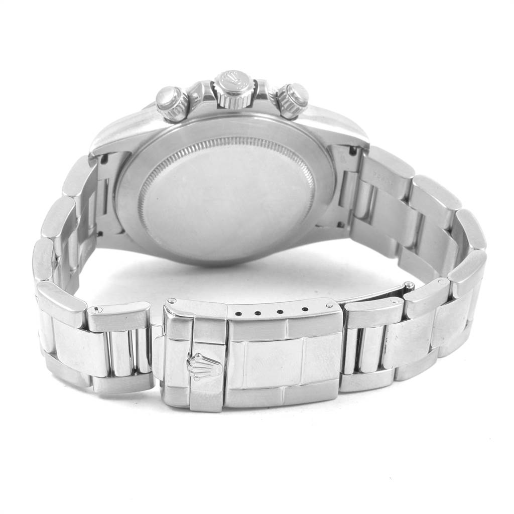 This image shows the back view of a Rolex Daytona 16520 Men's Stainless Steel Black Dial 16520 Men's Stainless Steel Black Dial watch, highlighting its case back, bracelet, and clasp.