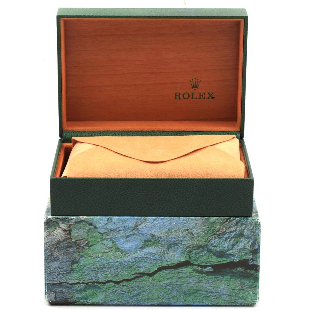 The image shows an open Rolex Daytona 16520 Men's Stainless Steel Black Dial 16520 Men's Stainless Steel Black Dial watch box from a front angle, featuring the outer and inner packaging.