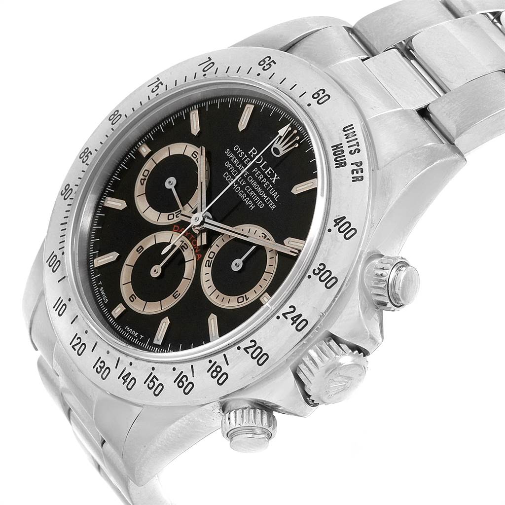 The image shows a side view of the Rolex Daytona 16520 Men's Stainless Steel Black Dial 16520 Men's Stainless Steel Black Dial watch highlighting the bezel, dial, and pushers.