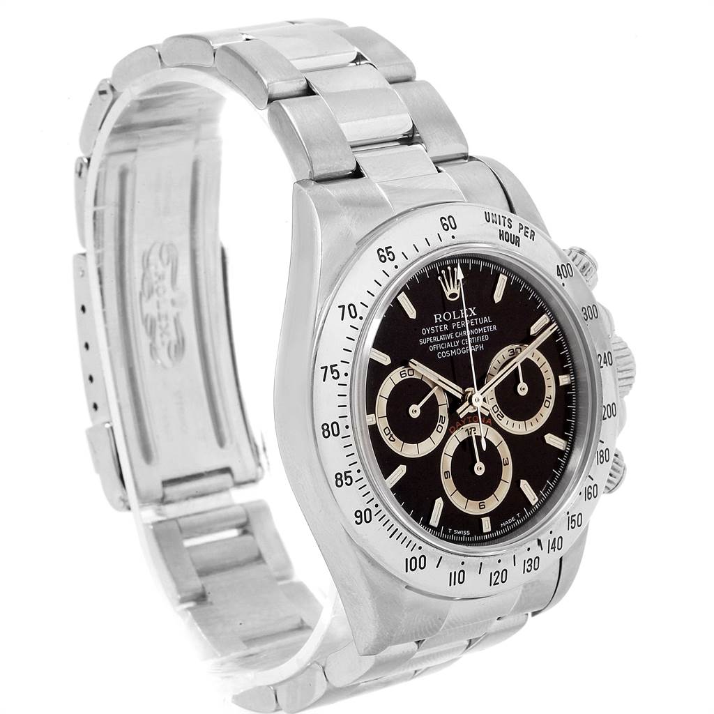 This image features a Rolex Daytona 16520 Men's Stainless Steel Black Dial 16520 Men's Stainless Steel Black Dial watch at a three-quarter angle, showcasing its black dial, silver bracelet, pushers, and crown.