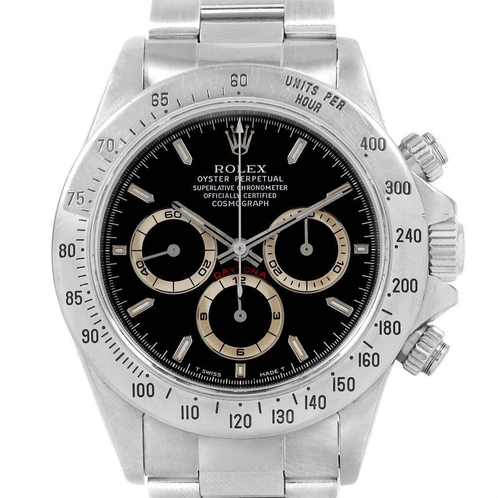 This image shows a Rolex Daytona 16520 Men's Stainless Steel Black Dial 16520 Men's Stainless Steel Black Dial watch from the front, showcasing the dial, bezel, and chronograph sub-dials.
