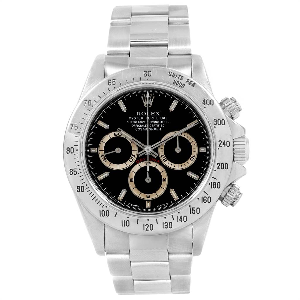 This image shows the front view of a Rolex Daytona 16520 Men's Stainless Steel Black Dial 16520 Men's Stainless Steel Black Dial watch, highlighting the dial, bezel, and bracelet.