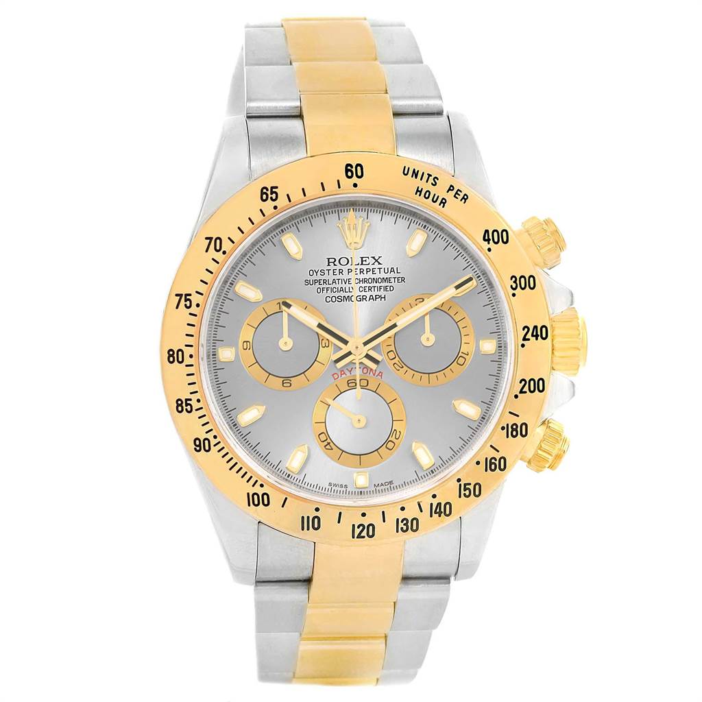 The image shows a Rolex Daytona 116523 Men's Steel and Gold (two tone) Grey Dial 116523 Men's Steel and Gold (two tone) Grey Dial watch, displaying the face, bezel, and a portion of the bracelet, angled straight on.
