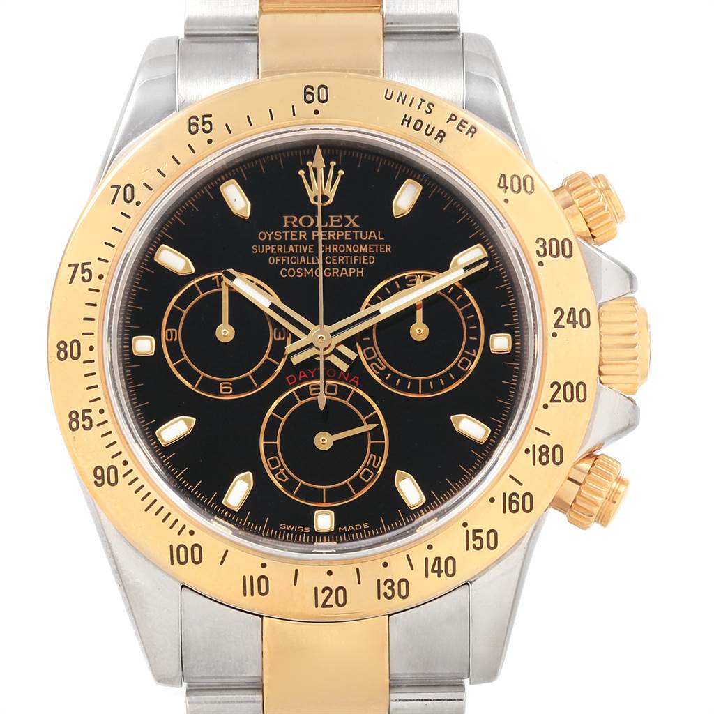 This image shows a front view of a Rolex Daytona 116523 Men's Steel and Gold (two tone) Black Dial 116523 Men's Steel and Gold (two tone) Black Dial watch, highlighting its gold and stainless steel case, bezel, and dial.